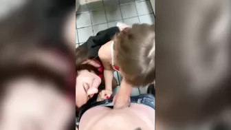Public Bathroom Threesome Blowjob with Two Horny Teens and Lucky Cock