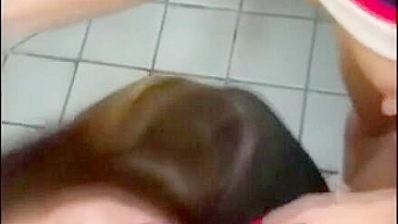 Public Bathroom Threesome Blowjob with Two Horny Teens and Lucky Cock