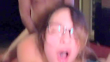 Glasses-clad Slout wild gangbang fuck with 2 partners