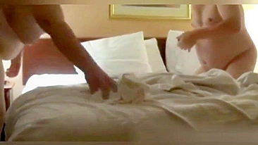 Wild Threesome Fun! Chubby Wife Gets Fucked by Hubby & friend in Hotel