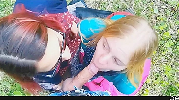 Amateur Threesome Blowjob in the Park with Cum Swap and FFM
