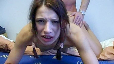 German Pigtailed Teen First Anal gangbang with Moaning Skinny Brunette