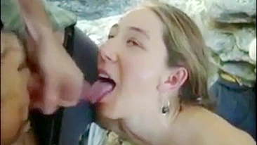 Blonde Blowjob Queen Gets Double Cumshots in Outdoor Threesome