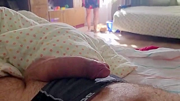 Jerk-off while mother is cleaning my room, she notices and helps me cum