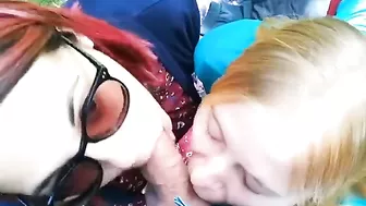 mother sucks a stranger's cock outdoors, daughter joins in incest