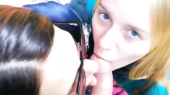 mother sucks a stranger's cock outdoors, daughter joins in incest