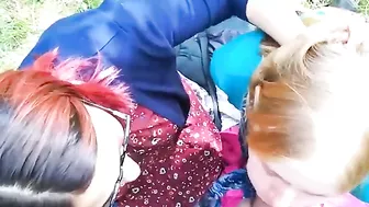 mother sucks a stranger's cock outdoors, daughter joins in incest