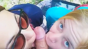 mother sucks a stranger's cock outdoors, daughter joins in incest