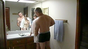 Daddy fucks daughter in the bathroom while mom is in the kitchen preparing breakfast