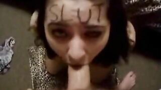 Submissive daughter proudly deep throats daddy cock with slut written across her forehead