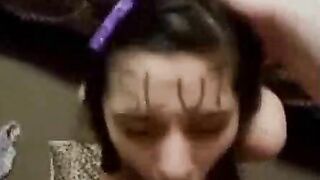 Submissive daughter proudly deep throats daddy cock with slut written across her forehead