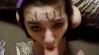 Submissive daughter proudly deep throats daddy cock with slut written across her forehead