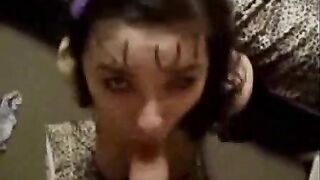 Submissive daughter proudly deep throats daddy cock with slut written across her forehead