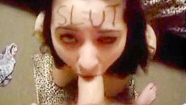 Submissive daughter proudly deep throats daddy cock with slut written across her forehead