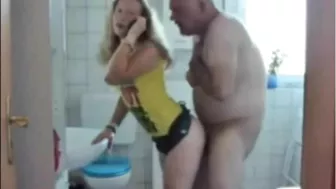 While mom is preparing breakfast, dad fucks daughter in the bathroom for not a lot of money