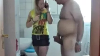 While mom is preparing breakfast, dad fucks daughter in the bathroom for not a lot of money