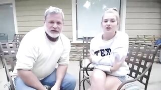 lovely daughter tries to please father after dinner using tits and pussy