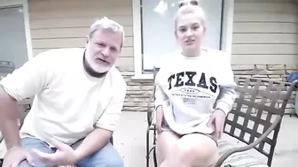 lovely daughter tries to please father after dinner using tits and pussy