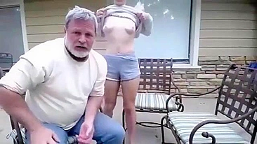 lovely daughter tries to please father after dinner using tits and pussy