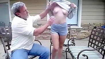 lovely daughter tries to please father after dinner using tits and pussy