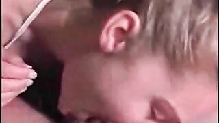 Daughter earns facial cumshot then continues deepthroating daddy while he moans in pleasure