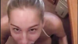 Daughter earns facial cumshot then continues deepthroating daddy while he moans in pleasure