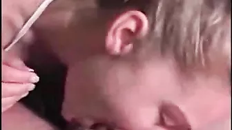 Daughter earns facial cumshot then continues deepthroating daddy while he moans in pleasure