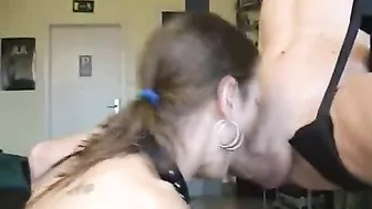 Submissive bound whore deep throats son before he shoots sperm into her throat