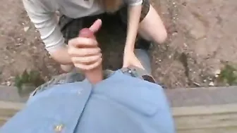 Daughter slut squats outdoors while daddy records from she deep throats dick