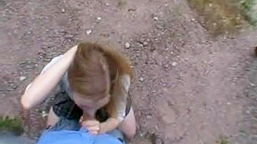 Daughter slut squats outdoors while daddy records from she deep throats dick