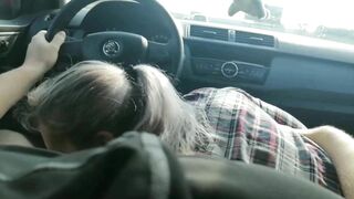 Slut wife swallows cum from a stranger while in the car driving