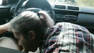 Slut wife swallows cum from a stranger while in the car driving