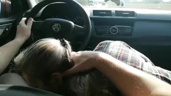 Slut wife swallows cum from a stranger while in the car driving
