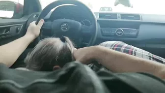 Slut wife swallows cum from a stranger while in the car driving