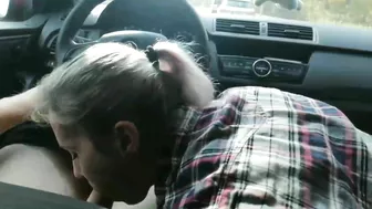 Slut wife swallows cum from a stranger while in the car driving