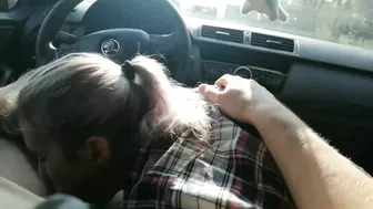 Slut wife swallows cum from a stranger while in the car driving