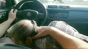 Slut wife swallows cum from a stranger while in the car driving