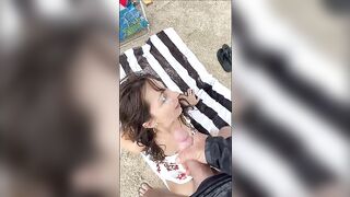 Big cumshot on wifes face at the beach