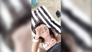 Big cumshot on wifes face at the beach