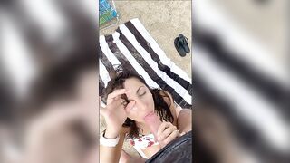 Big cumshot on wifes face at the beach