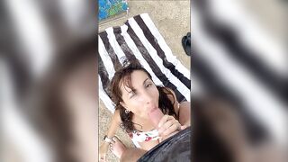 Big cumshot on wifes face at the beach