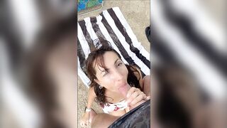 Big cumshot on wifes face at the beach