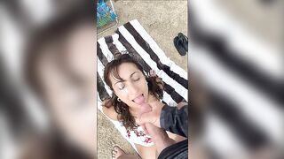 Big cumshot on wifes face at the beach