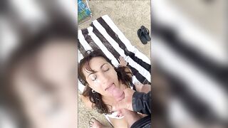 Big cumshot on wifes face at the beach