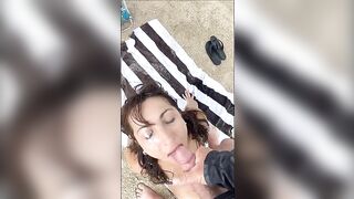 Big cumshot on wifes face at the beach