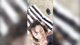 Big cumshot on wifes face at the beach