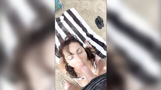 Big cumshot on wifes face at the beach