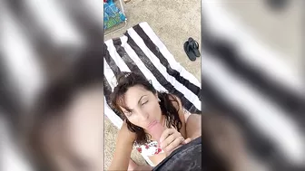 Big cumshot on wifes face at the beach