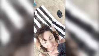 Big cumshot on wifes face at the beach