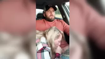 Husband receives a blowjob in car from wife while driving